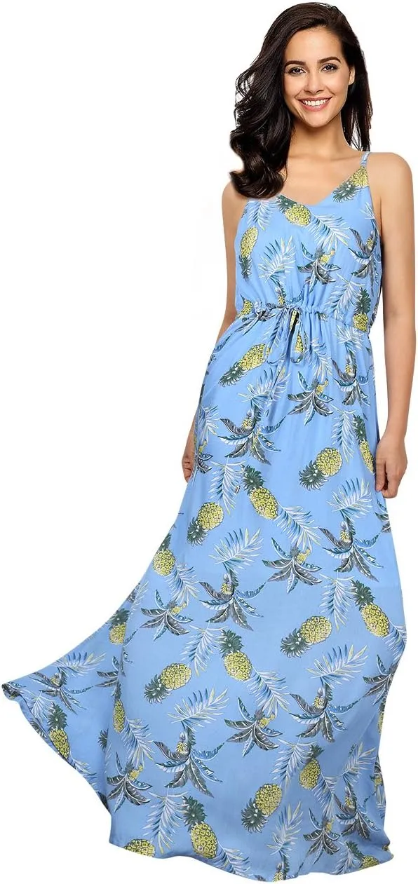 Women's Strap Maxi Hawaiian V Neck Floral Casual Beach Dresses