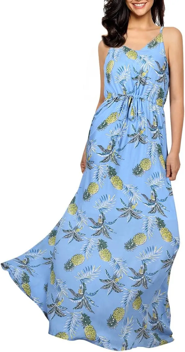 Women's Strap Maxi Hawaiian V Neck Floral Casual Beach Dresses
