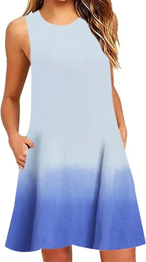 Womens Swing Fashion Gradient Tank Dresses Flowy Plus Size Dress Summer Sleeveless Dresses with Pockets