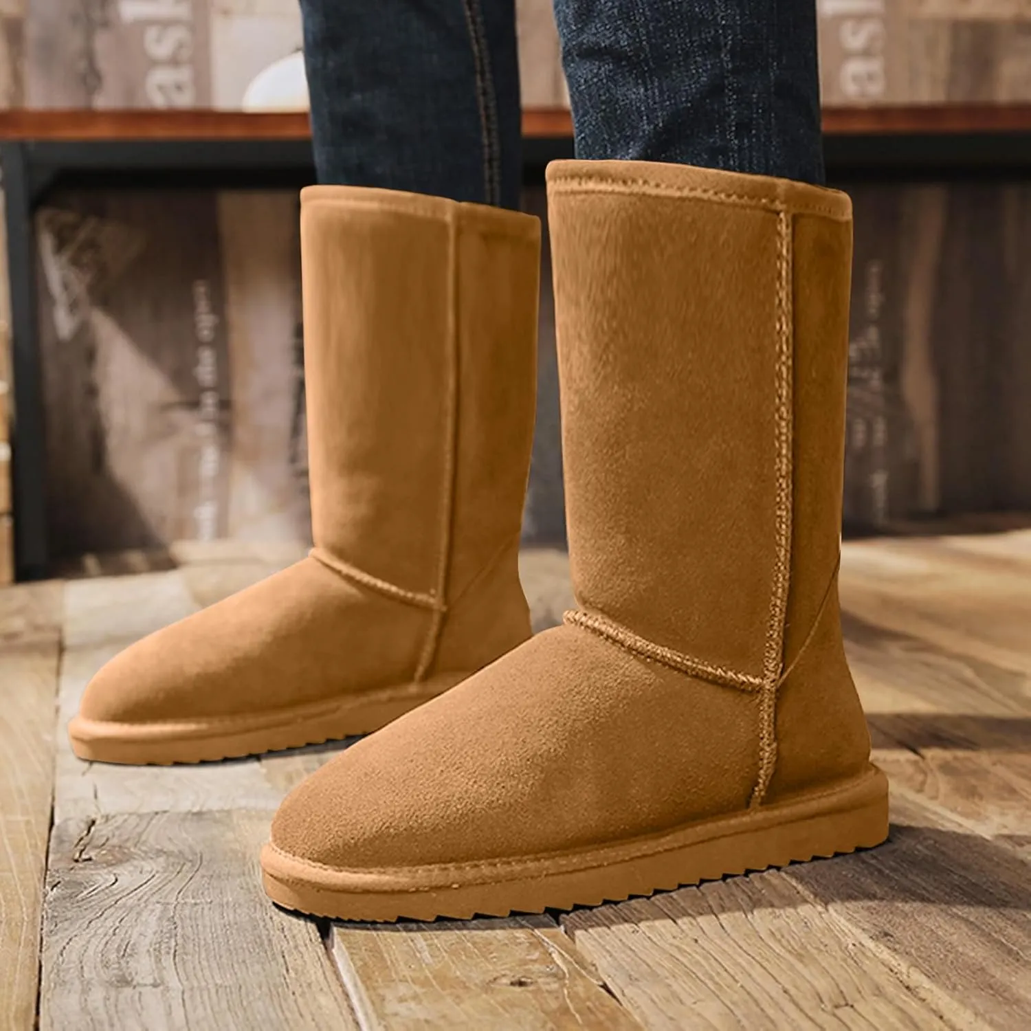 Women's Tall Boots Genuine Suede Winter Tall Boots for Womens Fur Lining Memory Foam Winter Snow Boots Waterproof