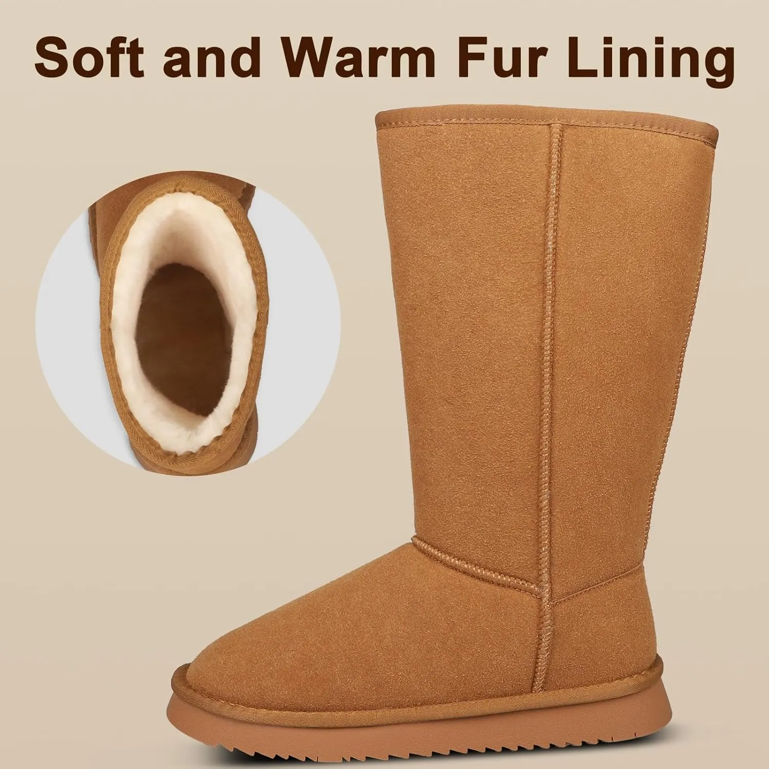 Women's Tall Boots Genuine Suede Winter Tall Boots for Womens Fur Lining Memory Foam Winter Snow Boots Waterproof