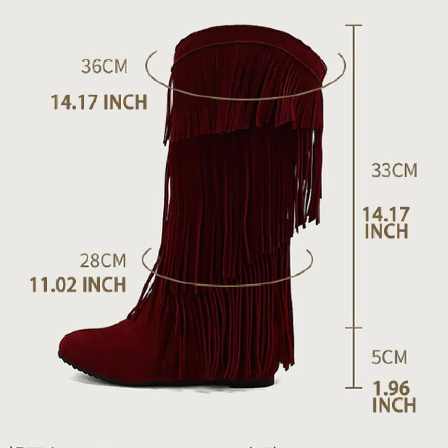 Women'S V-mouth Fringe Tassel Hidden Wedge Cowgirl Knee High Boot Pointed Toe Pull-On Low Heel Anti-Slip Keep Warm Moccasin Flat Mid Calf Boots