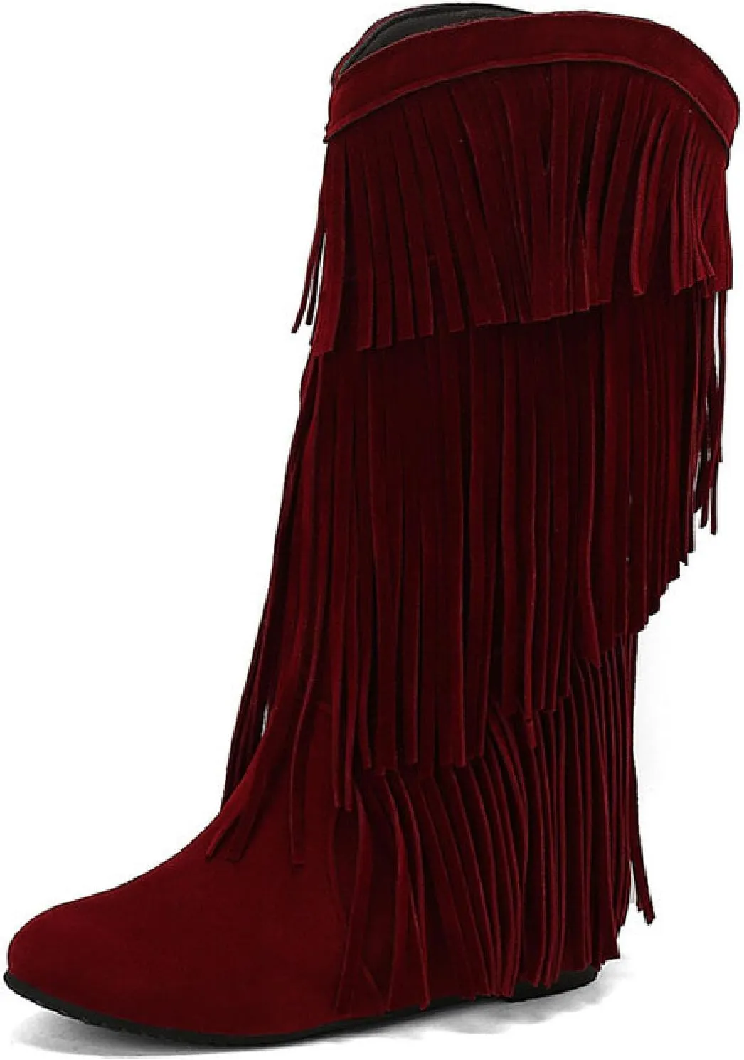 Women'S V-mouth Fringe Tassel Hidden Wedge Cowgirl Knee High Boot Pointed Toe Pull-On Low Heel Anti-Slip Keep Warm Moccasin Flat Mid Calf Boots
