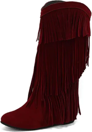 Women'S V-mouth Fringe Tassel Hidden Wedge Cowgirl Knee High Boot Pointed Toe Pull-On Low Heel Anti-Slip Keep Warm Moccasin Flat Mid Calf Boots