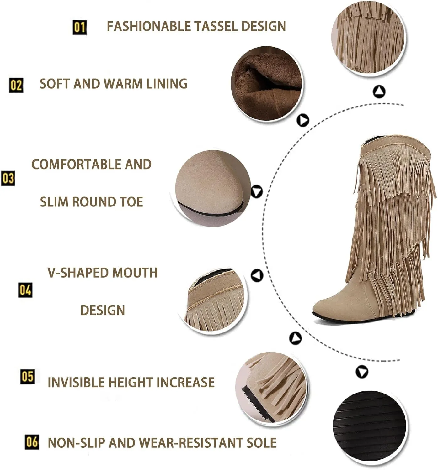 Women'S V-mouth Fringe Tassel Hidden Wedge Cowgirl Knee High Boot Pointed Toe Pull-On Low Heel Anti-Slip Keep Warm Moccasin Flat Mid Calf Boots