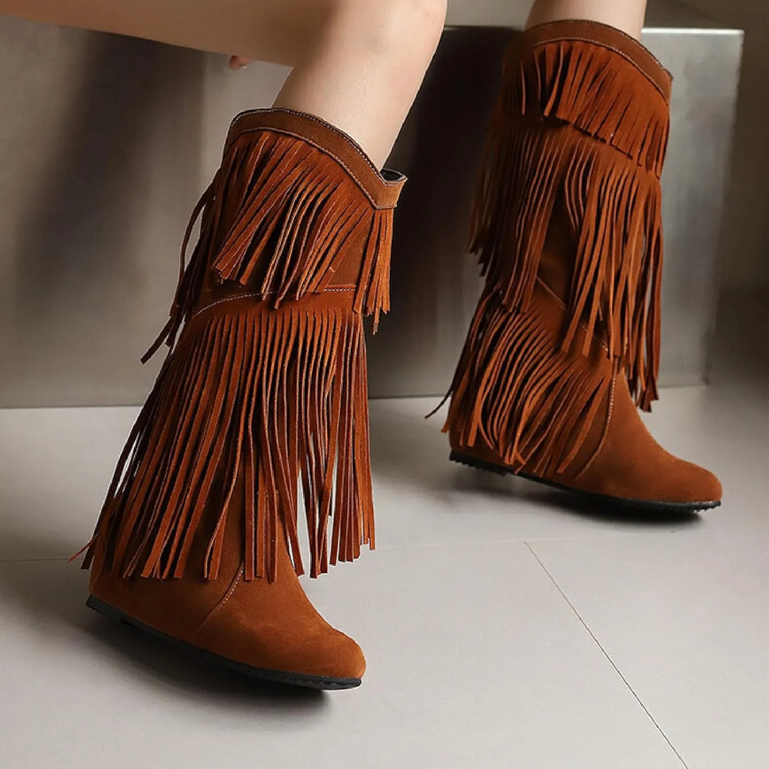 Women'S V-mouth Fringe Tassel Hidden Wedge Cowgirl Knee High Boot Pointed Toe Pull-On Low Heel Anti-Slip Keep Warm Moccasin Flat Mid Calf Boots