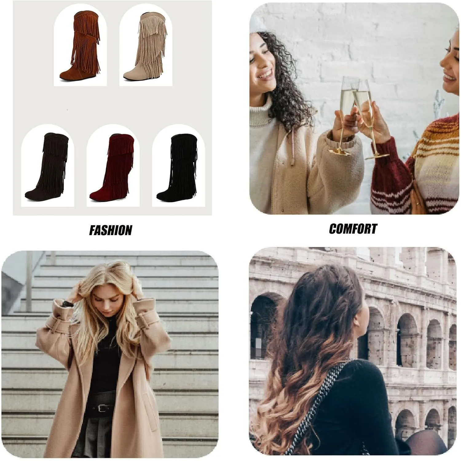 Women'S V-mouth Fringe Tassel Hidden Wedge Cowgirl Knee High Boot Pointed Toe Pull-On Low Heel Anti-Slip Keep Warm Moccasin Flat Mid Calf Boots