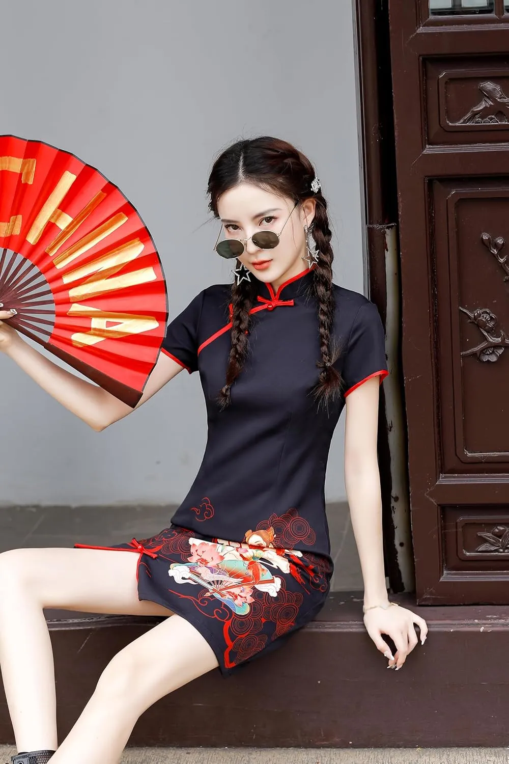 Women's Vintage Chinese Cheongsam Print Dress Short Sleeve Retro Side Slit Mini Loose Dress