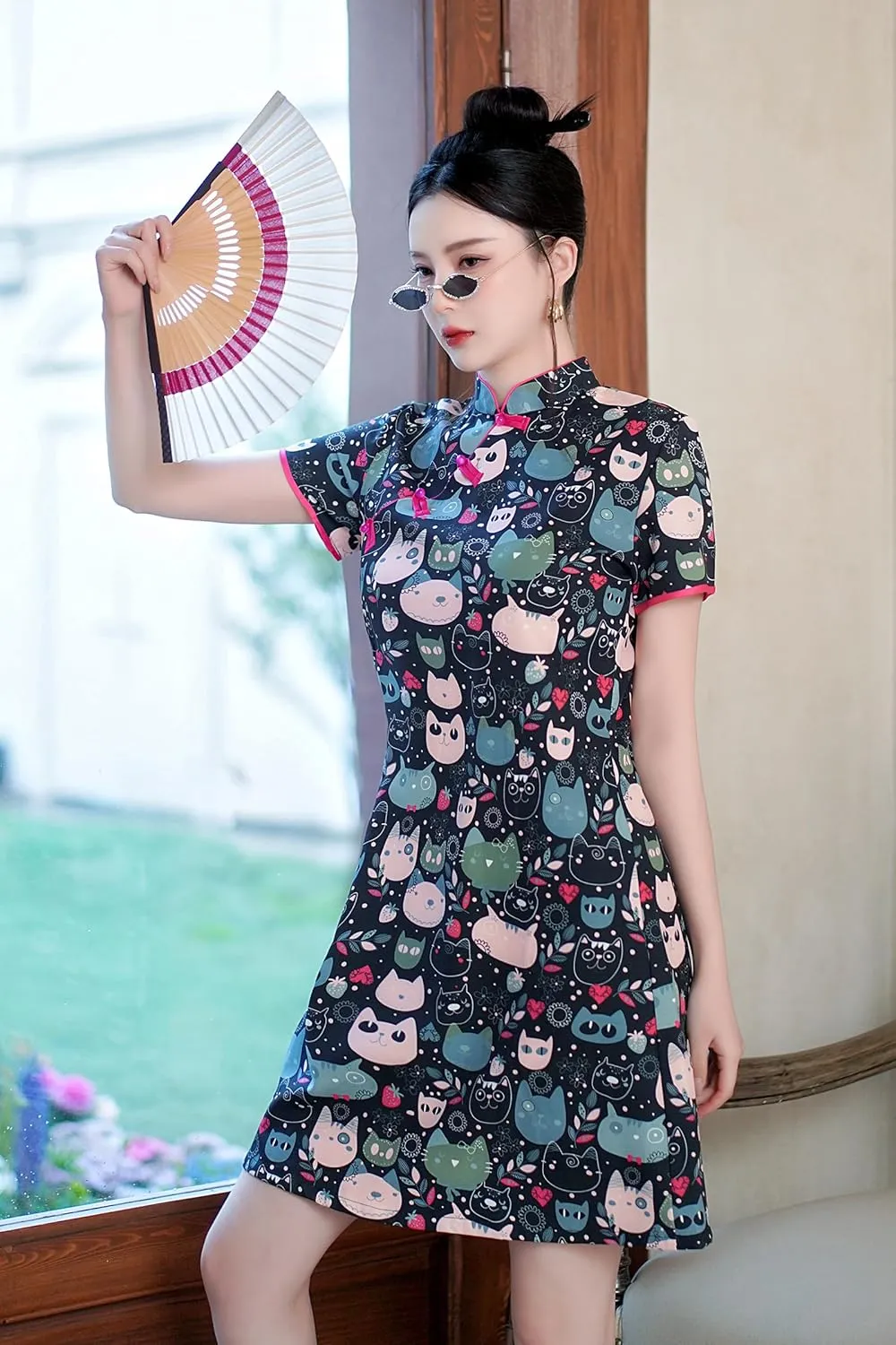 Women's Vintage Chinese Cheongsam Print Dress Short Sleeve Retro Side Slit Mini Loose Dress