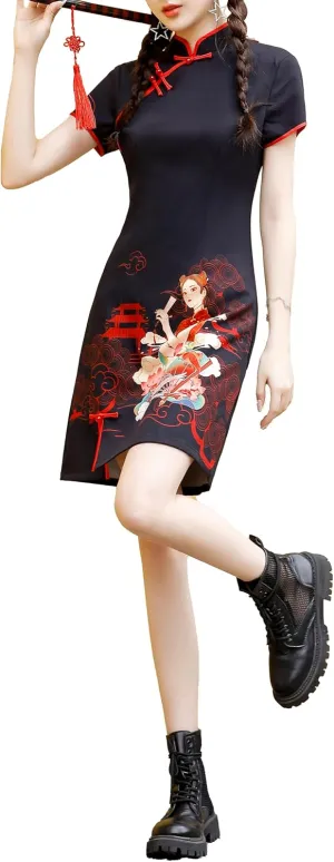 Women's Vintage Chinese Cheongsam Print Dress Short Sleeve Retro Side Slit Mini Loose Dress