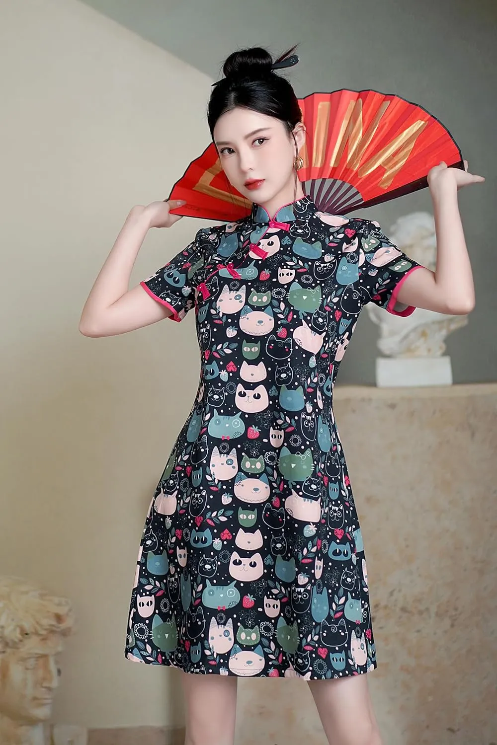 Women's Vintage Chinese Cheongsam Print Dress Short Sleeve Retro Side Slit Mini Loose Dress