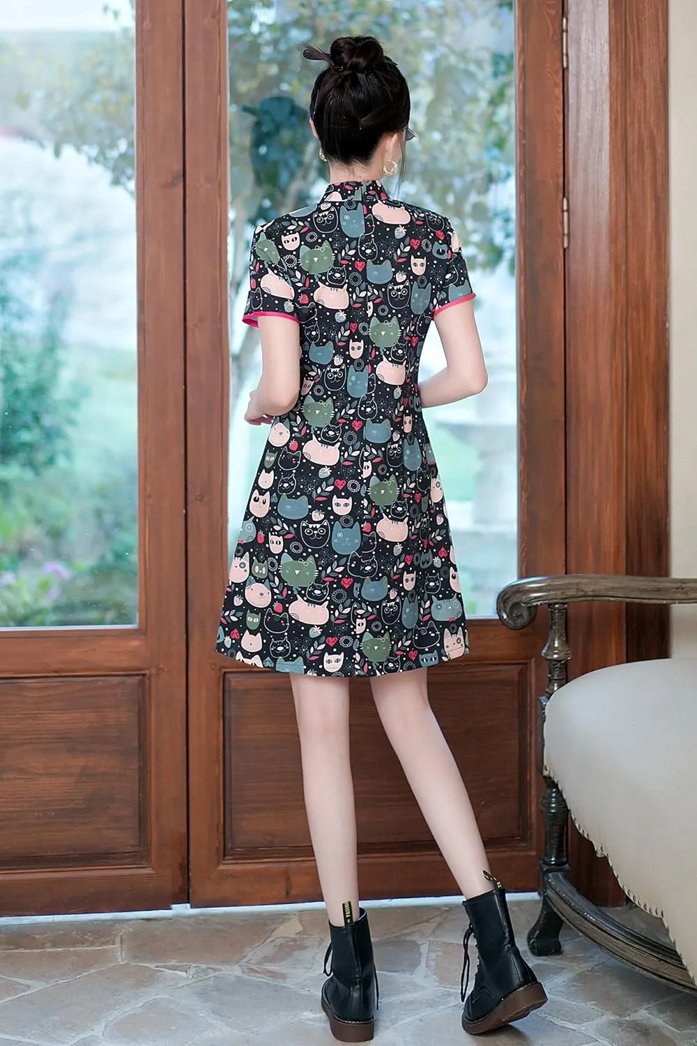 Women's Vintage Chinese Cheongsam Print Dress Short Sleeve Retro Side Slit Mini Loose Dress