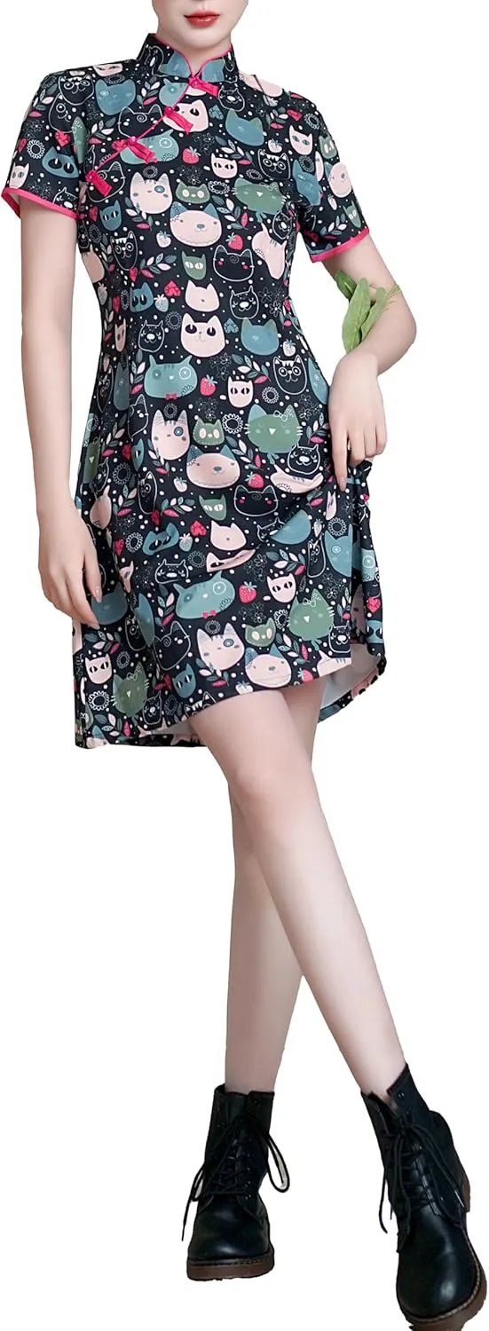 Women's Vintage Chinese Cheongsam Print Dress Short Sleeve Retro Side Slit Mini Loose Dress