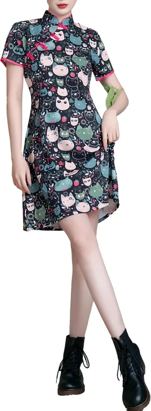 Women's Vintage Chinese Cheongsam Print Dress Short Sleeve Retro Side Slit Mini Loose Dress
