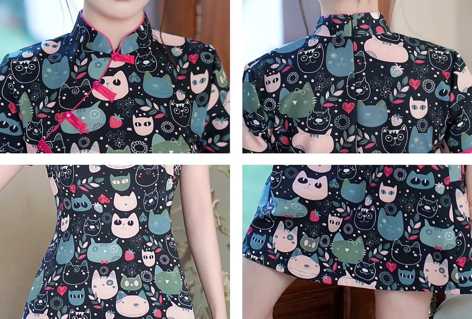 Women's Vintage Chinese Cheongsam Print Dress Short Sleeve Retro Side Slit Mini Loose Dress