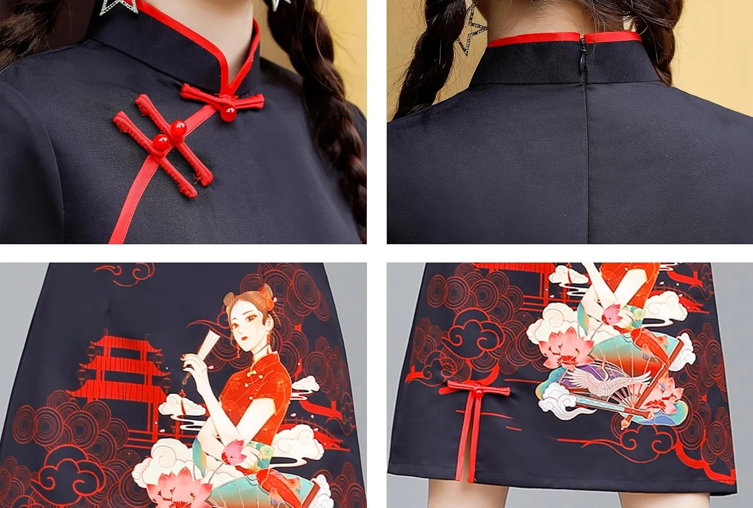 Women's Vintage Chinese Cheongsam Print Dress Short Sleeve Retro Side Slit Mini Loose Dress