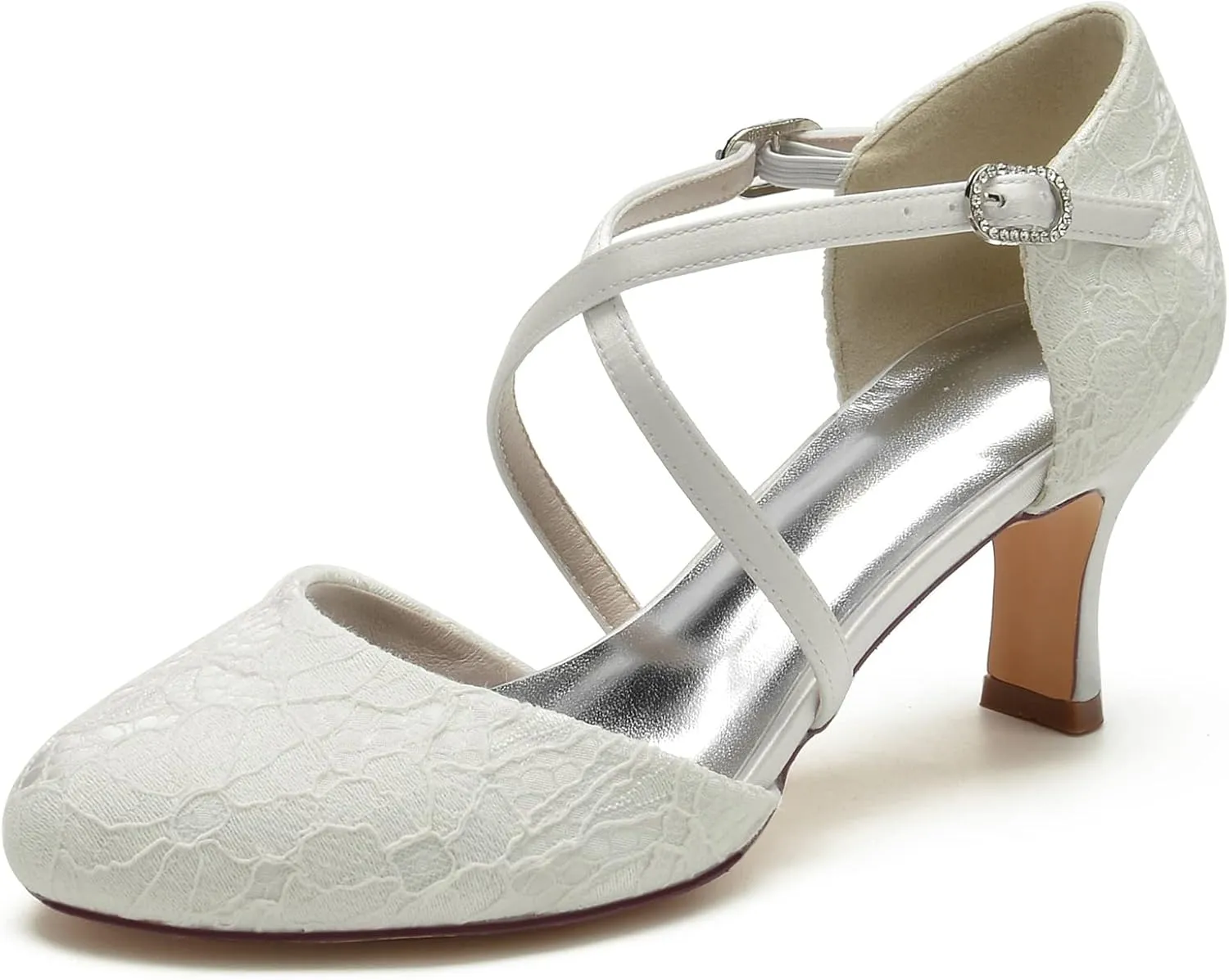 Women's Vintage Lace Wedding Shoes Round Closed Toe Bridal Pumps Mary Jane Low Heels Pumps Prom Party Dress Shoes