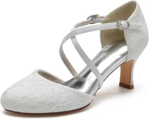 Women's Vintage Lace Wedding Shoes Round Closed Toe Bridal Pumps Mary Jane Low Heels Pumps Prom Party Dress Shoes
