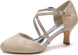 Women's Vintage Lace Wedding Shoes Round Closed Toe Bridal Pumps Mary Jane Low Heels Pumps Prom Party Dress Shoes