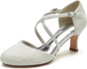 Women's Vintage Lace Wedding Shoes Round Closed Toe Bridal Pumps Mary Jane Low Heels Pumps Prom Party Dress Shoes