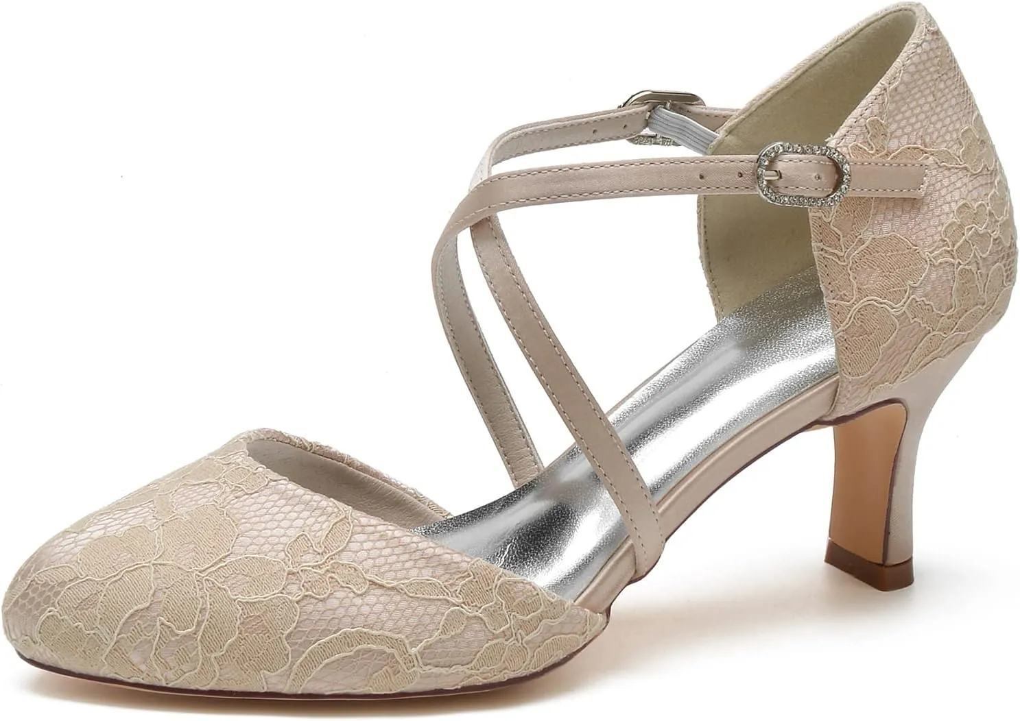 Women's Vintage Lace Wedding Shoes Round Closed Toe Bridal Pumps Mary Jane Low Heels Pumps Prom Party Dress Shoes