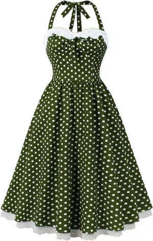 Women’s Vintage Polka Dot Rockabilly Dresses Sexy Halter Neck Retro 50s Cocktail Evening Party Lace Midi Dress