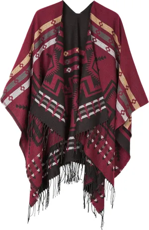 Women's Warm Shawls Wraps Open Front Cardigan Vintage Pattern Poncho Cape Sweater Coat