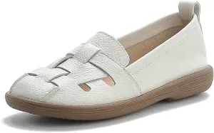 Women's Weaving Hollowed Out Leather Shoes Soft Sole Loafers Fashion Retro Comfortable Walking Shoes