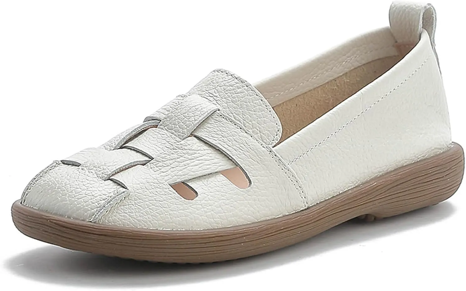 Women's Weaving Hollowed Out Leather Shoes Soft Sole Loafers Fashion Retro Comfortable Walking Shoes