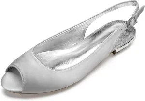 Womens Wedding Dress Shoes Low Heel Bridal Shoes Sandals Satin Evening Party Work Flat Comfortable Buckle Open Toe Satin Shoes