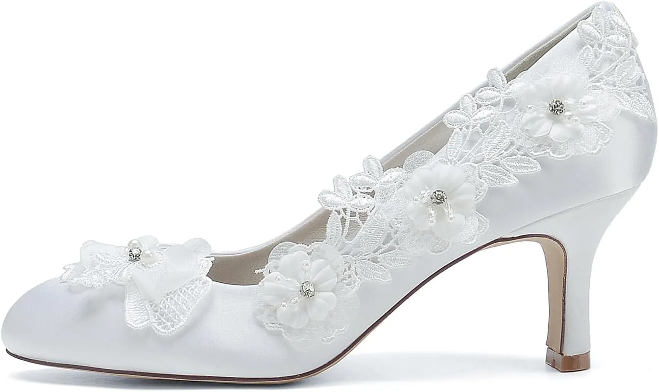 Women's Wedding Shoes Closed Toe Mid Heel Appliques Satin Pumps with Lace Flower Prom Evening Bridal Shoes