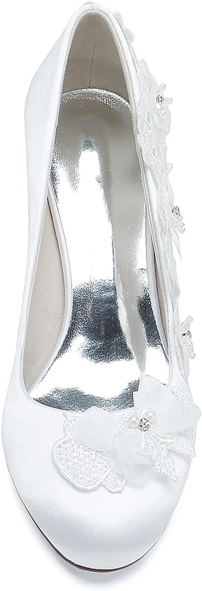 Women's Wedding Shoes Closed Toe Mid Heel Appliques Satin Pumps with Lace Flower Prom Evening Bridal Shoes