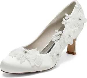 Women's Wedding Shoes Closed Toe Mid Heel Appliques Satin Pumps with Lace Flower Prom Evening Bridal Shoes