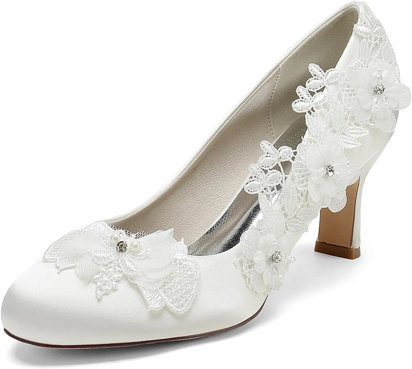 Women's Wedding Shoes Closed Toe Mid Heel Appliques Satin Pumps with Lace Flower Prom Evening Bridal Shoes