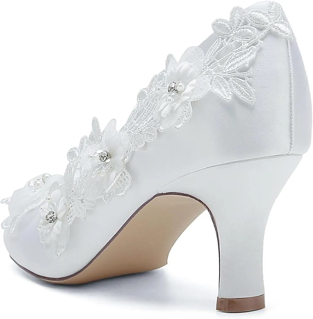 Women's Wedding Shoes Closed Toe Mid Heel Appliques Satin Pumps with Lace Flower Prom Evening Bridal Shoes