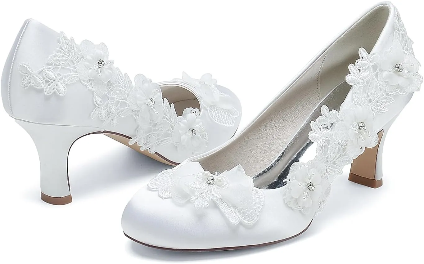 Women's Wedding Shoes Closed Toe Mid Heel Appliques Satin Pumps with Lace Flower Prom Evening Bridal Shoes