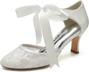 Women's Wedding Shoes for Bride Round Closed Toe Bridal Shoes Mary Jane Pumps Mid Heel Lace Wedding Shoes