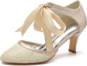 Women's Wedding Shoes for Bride Round Closed Toe Bridal Shoes Mary Jane Pumps Mid Heel Lace Wedding Shoes