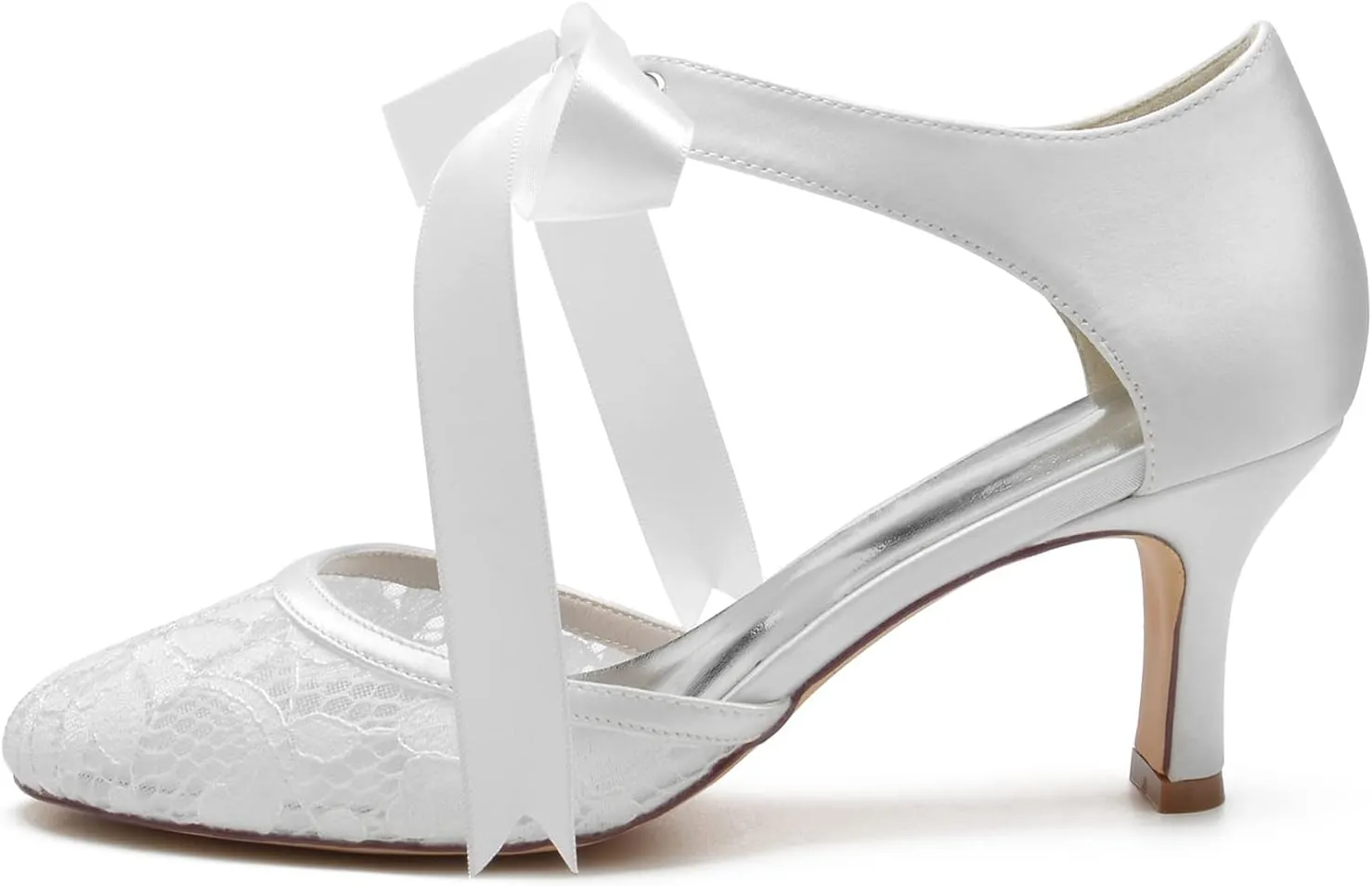 Women's Wedding Shoes for Bride Round Closed Toe Bridal Shoes Mary Jane Pumps Mid Heel Lace Wedding Shoes