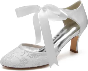 Women's Wedding Shoes for Bride Round Closed Toe Bridal Shoes Mary Jane Pumps Mid Heel Lace Wedding Shoes