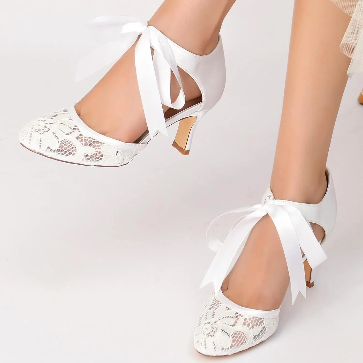 Women's Wedding Shoes for Bride Round Closed Toe Bridal Shoes Mary Jane Pumps Mid Heel Lace Wedding Shoes