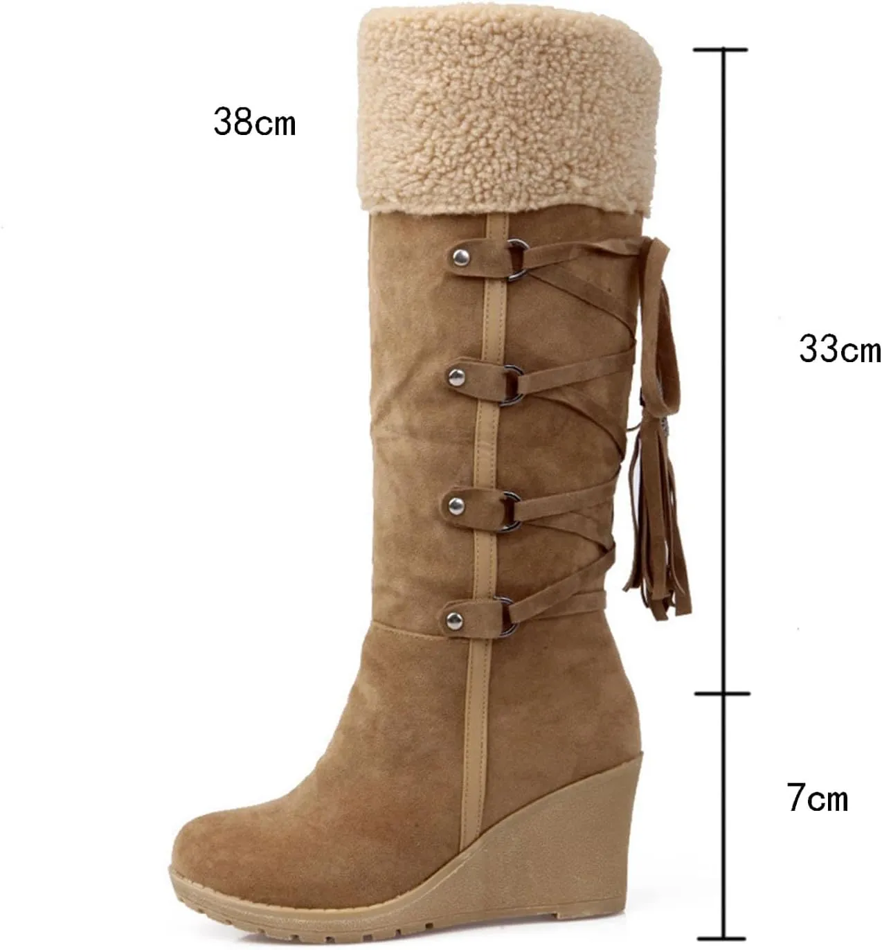 Women's Wedge Knee High Snow Boots, High Heels Lace Up Winter Shoes Vintage Leather Fleece Lined Straight Boots Raw Edges Metal Buckle Oversized Mid Calf Boots