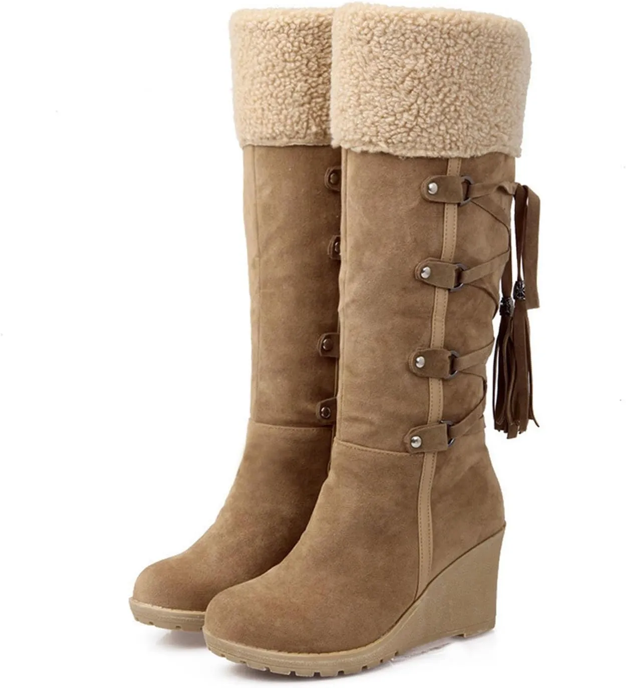 Women's Wedge Knee High Snow Boots, High Heels Lace Up Winter Shoes Vintage Leather Fleece Lined Straight Boots Raw Edges Metal Buckle Oversized Mid Calf Boots