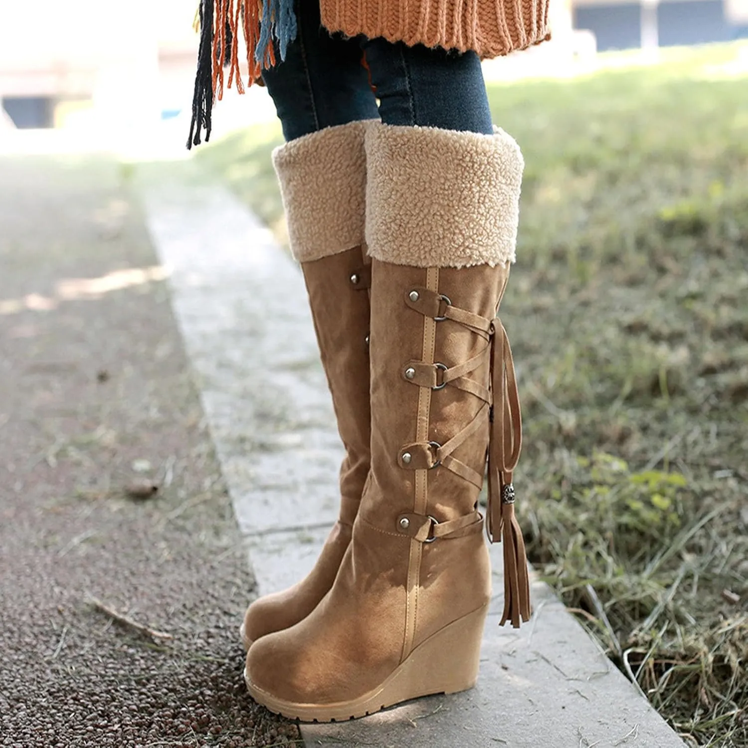 Women's Wedge Knee High Snow Boots, High Heels Lace Up Winter Shoes Vintage Leather Fleece Lined Straight Boots Raw Edges Metal Buckle Oversized Mid Calf Boots