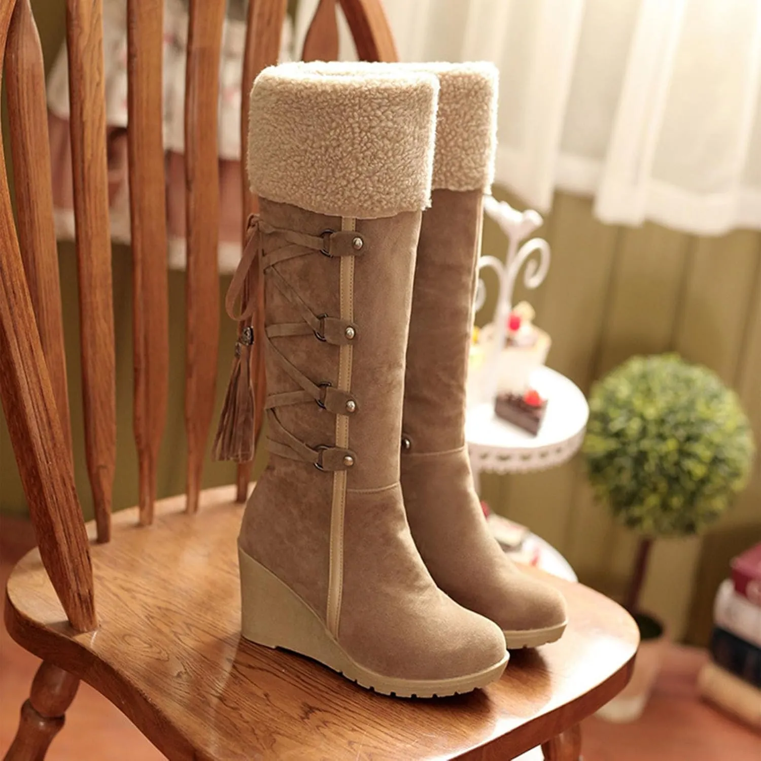 Women's Wedge Knee High Snow Boots, High Heels Lace Up Winter Shoes Vintage Leather Fleece Lined Straight Boots Raw Edges Metal Buckle Oversized Mid Calf Boots