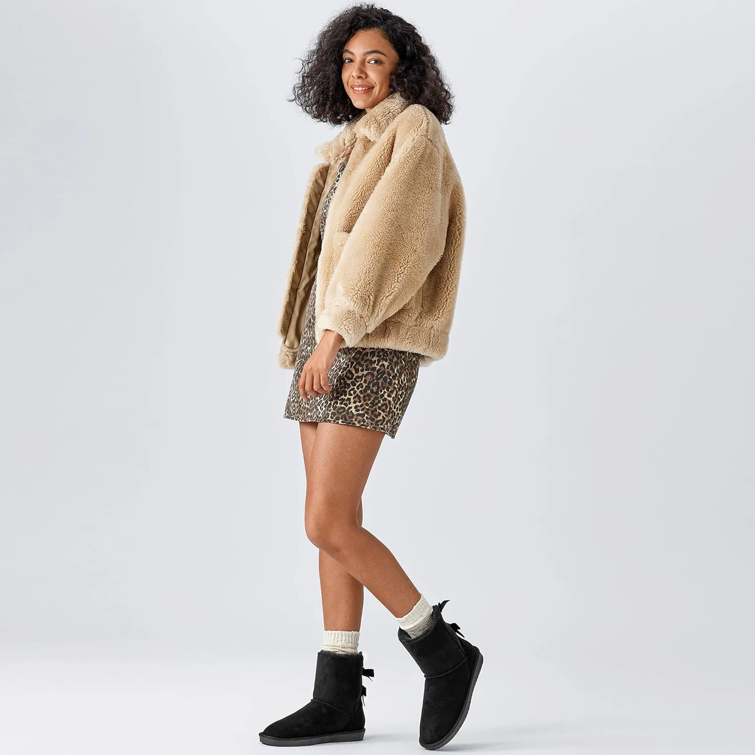 Women's Winter Snow Boots Mid-Calf Faux Suede Slip-On with Soft Faux Fur Lining