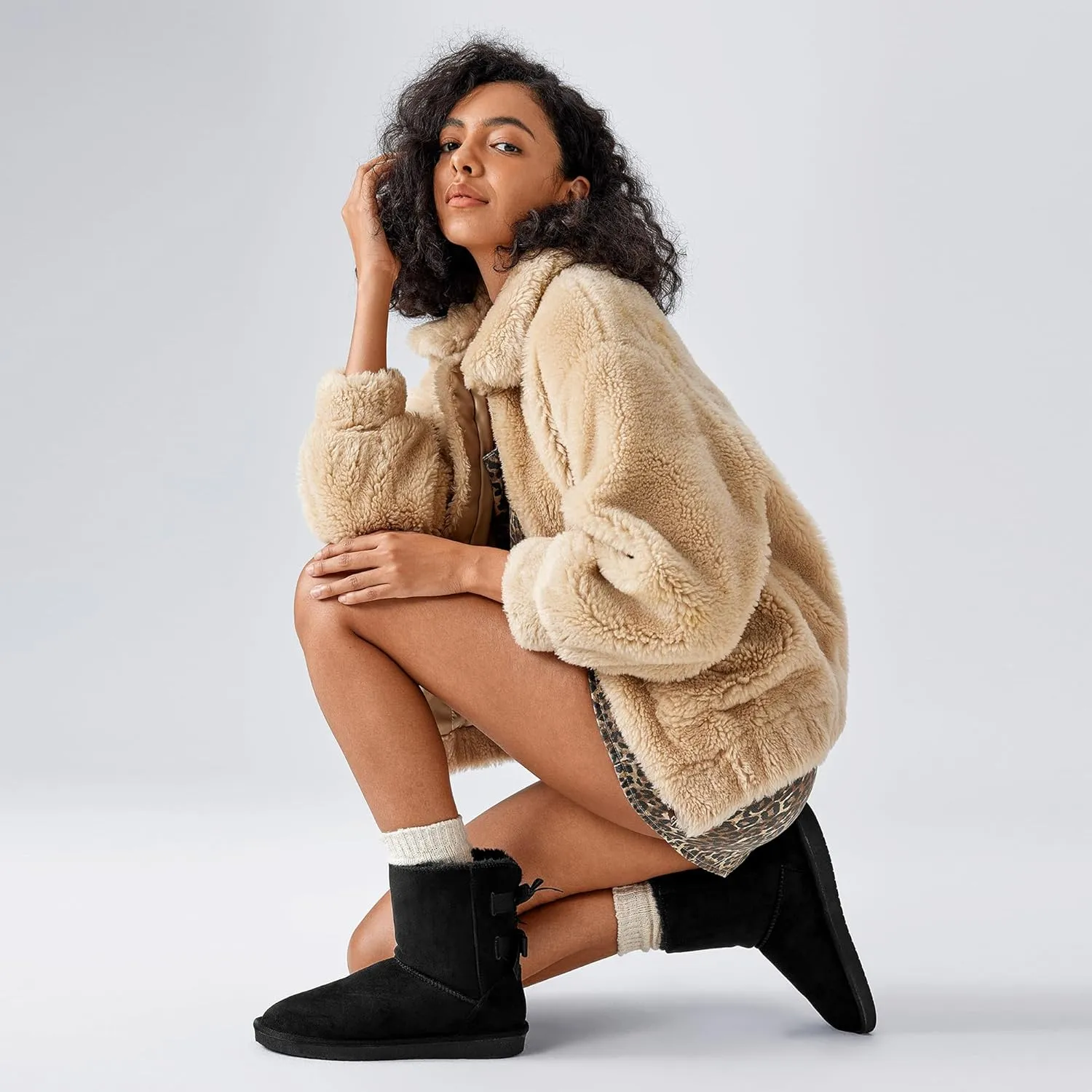 Women's Winter Snow Boots Mid-Calf Faux Suede Slip-On with Soft Faux Fur Lining