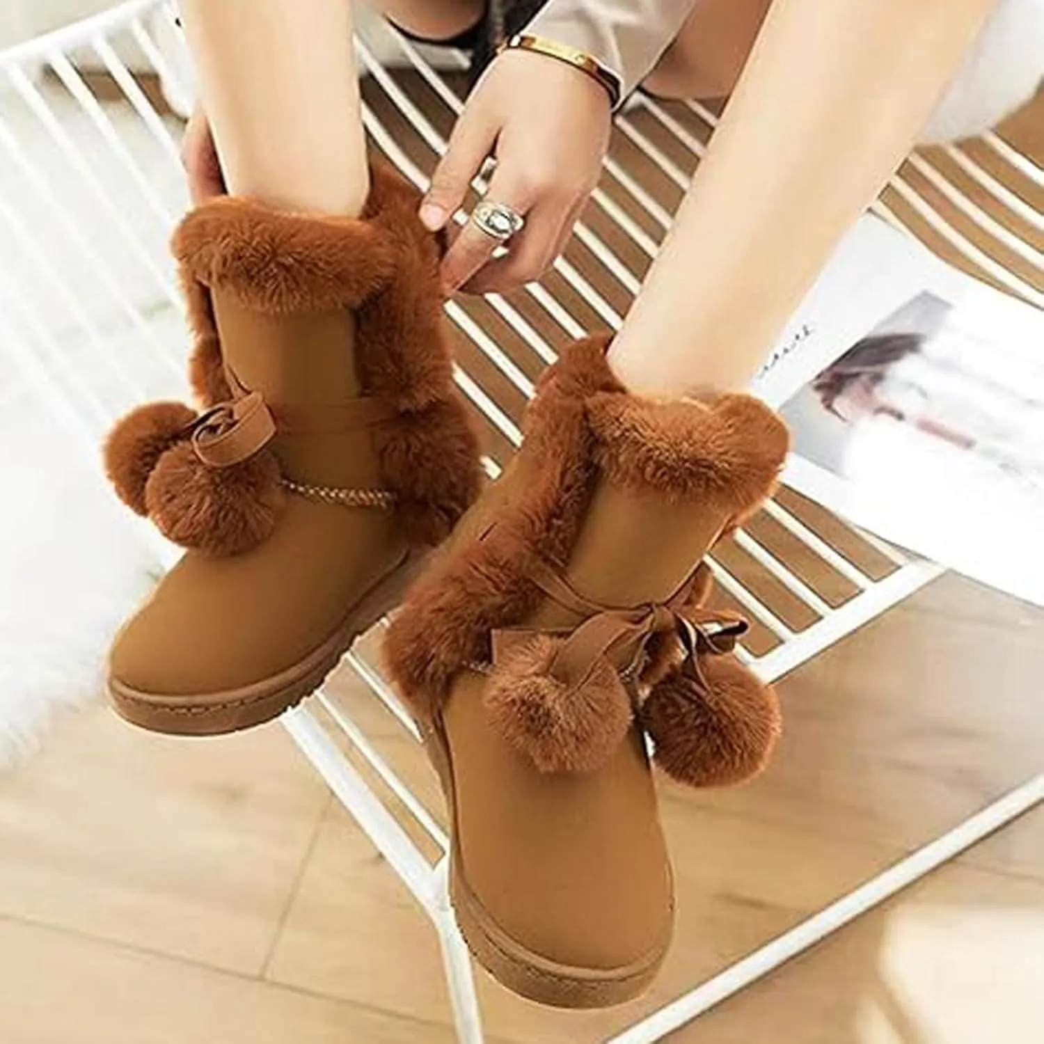 WUIWUIYU Women's Cute Pom-pom Lace Up Fur Winter Snow Boots Sweetheart Princess Fluffy Boots