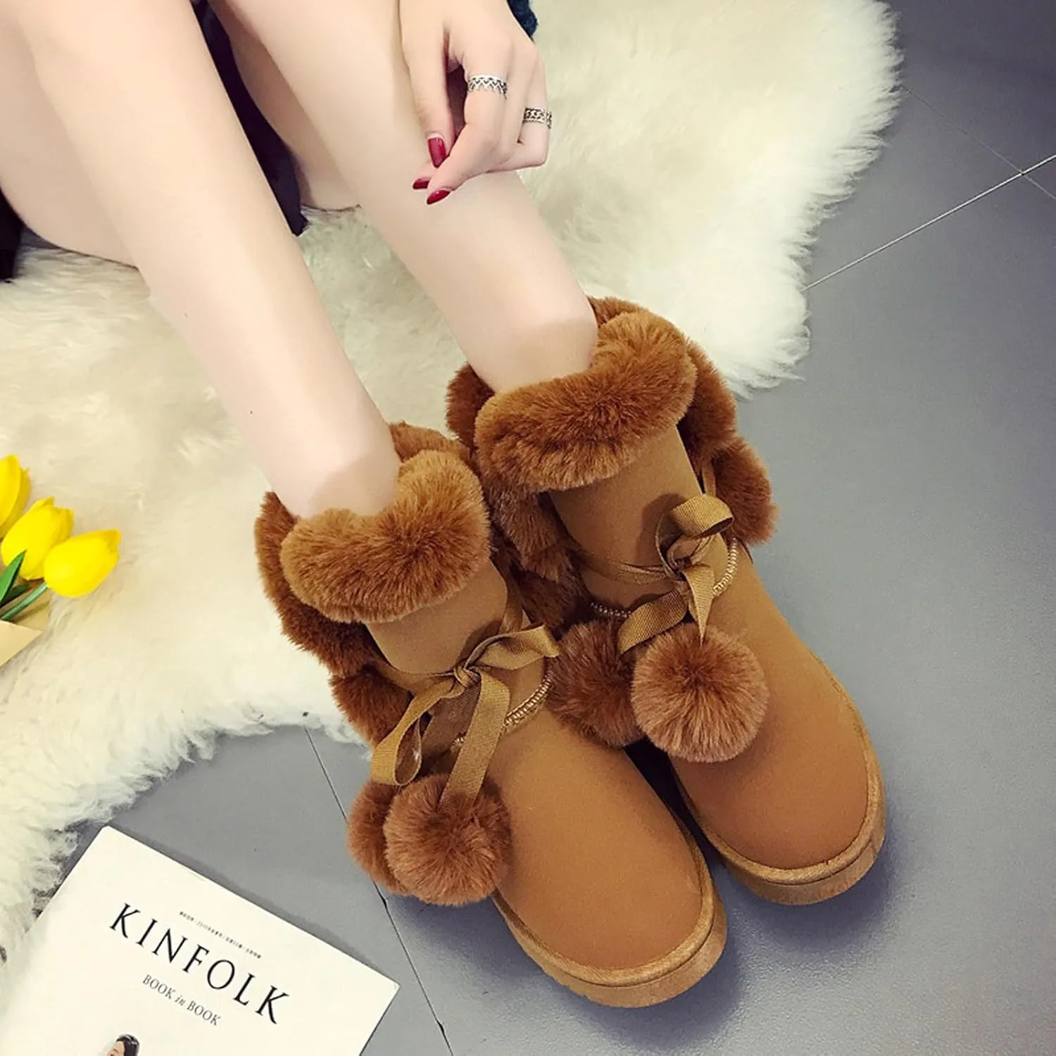 WUIWUIYU Women's Cute Pom-pom Lace Up Fur Winter Snow Boots Sweetheart Princess Fluffy Boots