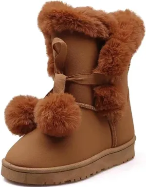 WUIWUIYU Women's Cute Pom-pom Lace Up Fur Winter Snow Boots Sweetheart Princess Fluffy Boots
